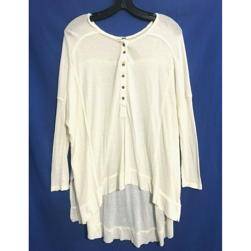 FREE PEOPLE Thin Waffle Knit BENEDICT CANYON HENLEY T-Shirt Oversize Top Ivory S